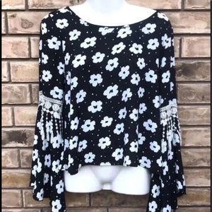Black Floral Bell Sleeve Blouse